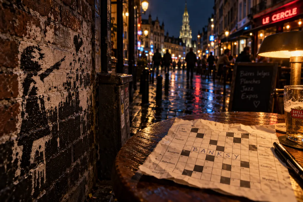 Artiste britannique de street art en 6 lettres BANKSY, pochoir sur mur à Bruxelles nocturne