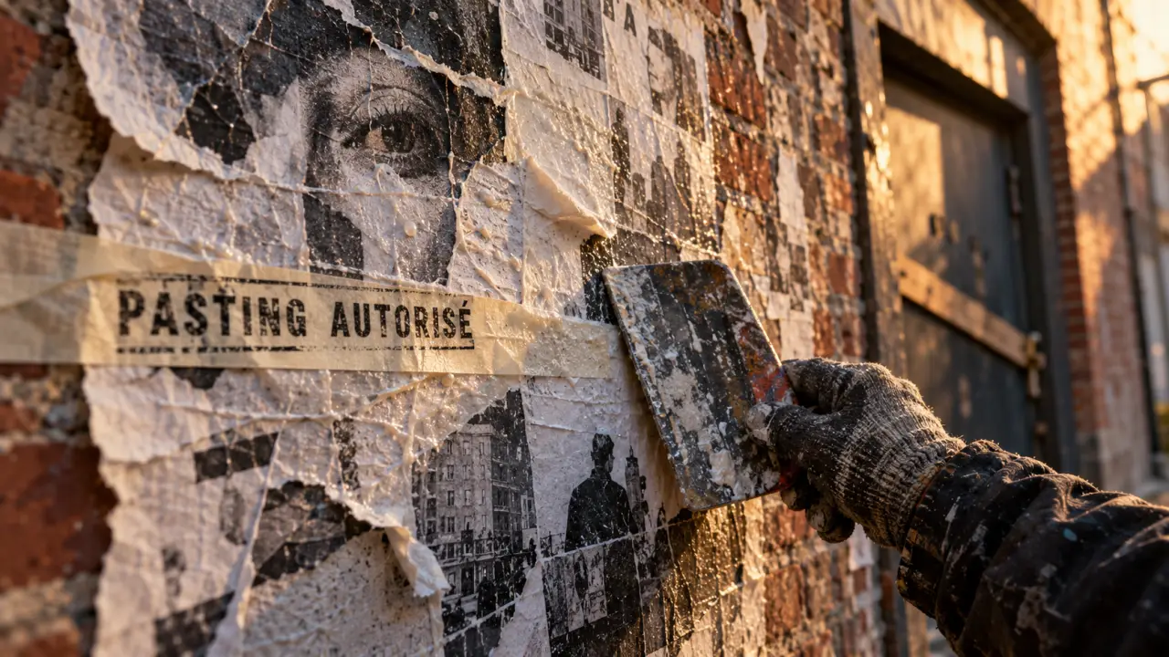 Collage street art : paste-up papier en cours sur mur de briques