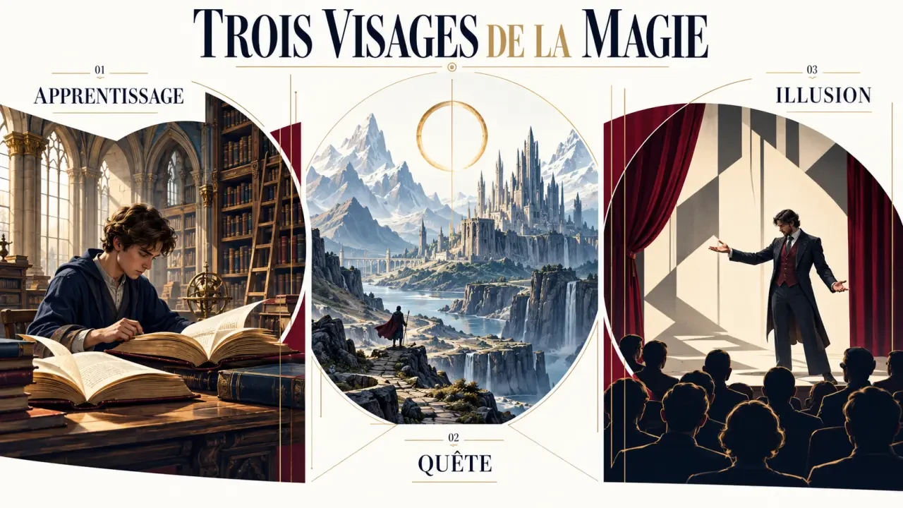 Illustration des différents univers du film fantastique magie : sorcellerie, fantasy épique et illusionnisme
