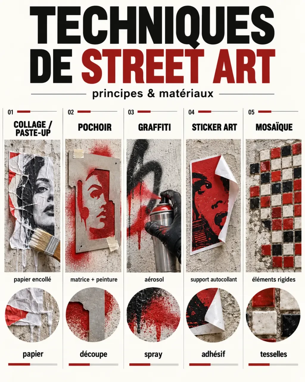 Infographie comparative sur le collage street art, le paste-up, le pochoir, le graffiti, le sticker art et la mosaïque