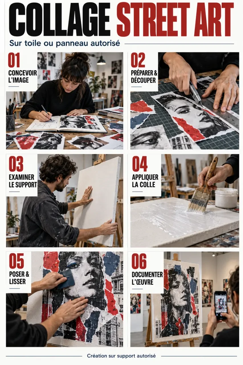 Étapes de réalisation d’un collage street art sur toile ou panneau autorisé
