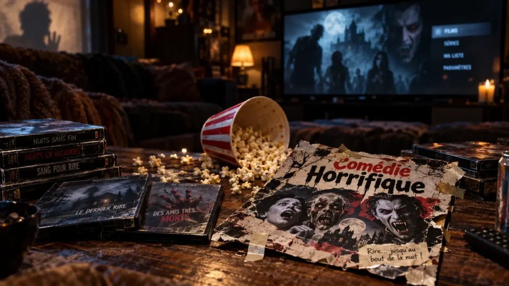 film comédie horreur : salle de projection sombre, affiche comédie horrifique