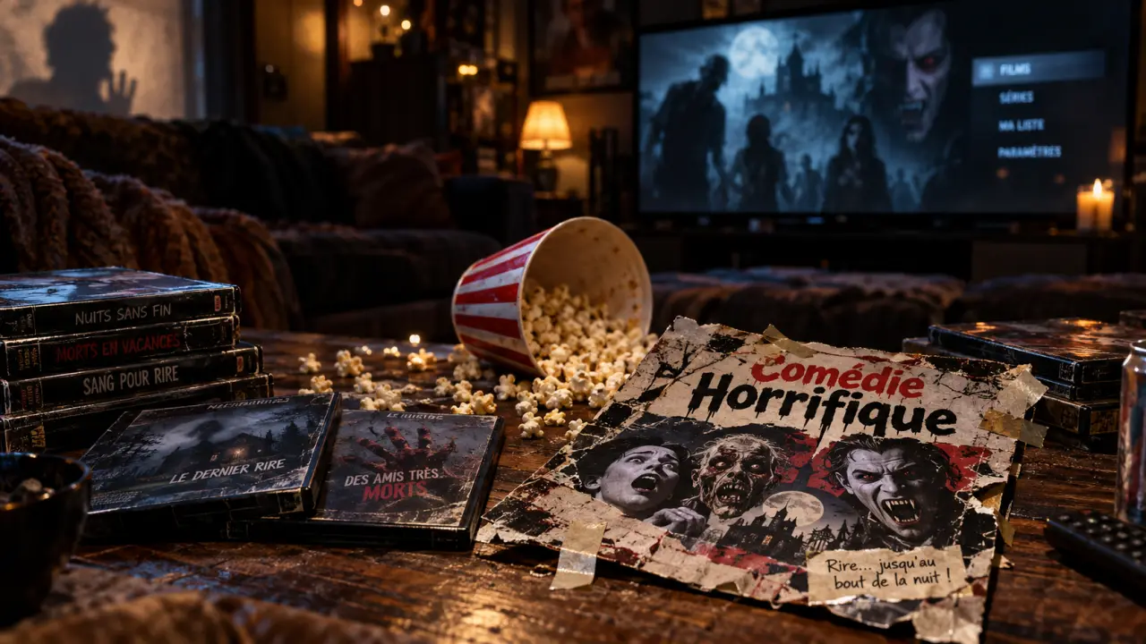 film comédie horreur : salle de projection sombre, affiche comédie horrifique