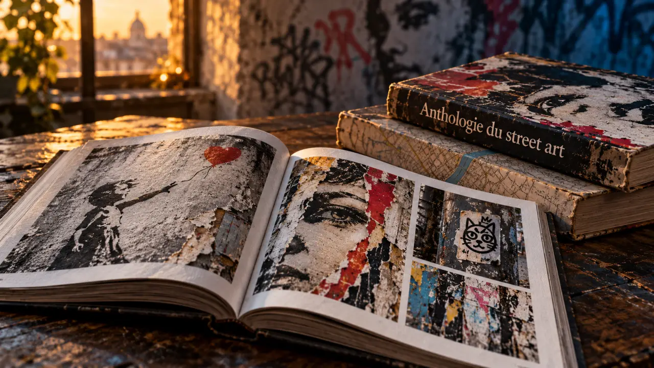 Livres sur le street art : livre ouvert, atlas et pochoir Banksy