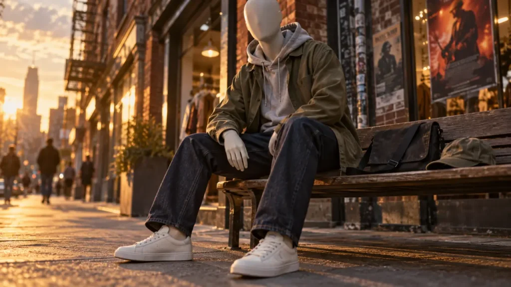 Mode urbaine : hoodie oversize gris et sneakers blanches, golden hour