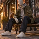 Mode urbaine : hoodie oversize gris et sneakers blanches, golden hour