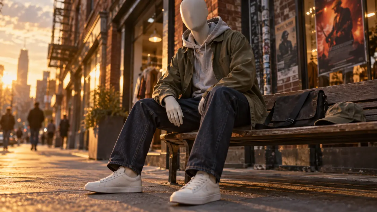 Mode urbaine : hoodie oversize gris et sneakers blanches, golden hour