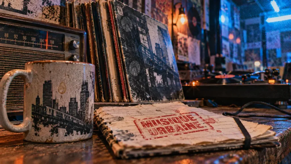 Musique urbaine : mug et cahier “MUSIQUE URBAINE” devant vinyles