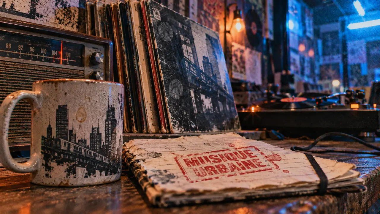 Musique urbaine : mug et cahier “MUSIQUE URBAINE” devant vinyles