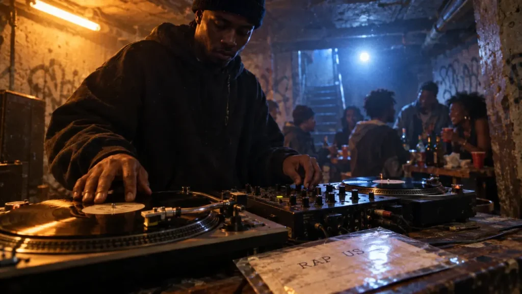 Rap américain : DJ dans un sous-sol du Bronx, jeunes autour d’une table
