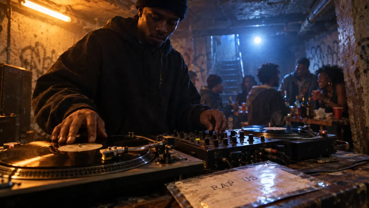 Rap américain : DJ dans un sous-sol du Bronx, jeunes autour d’une table