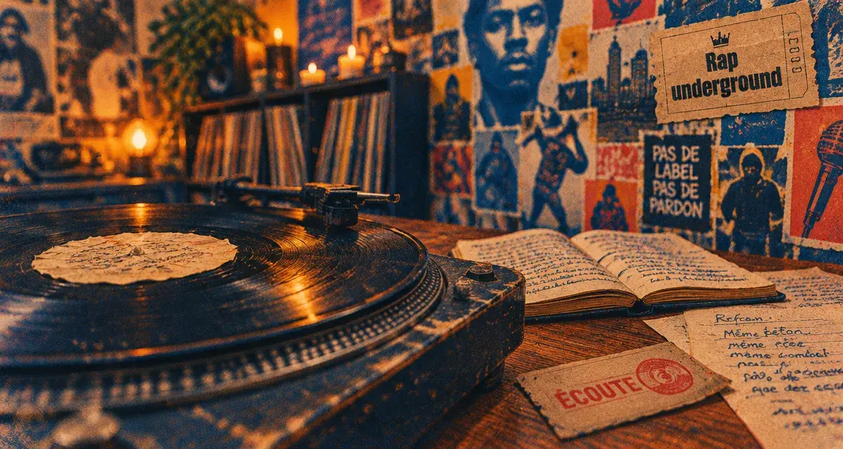 Rap underground : platine vinyle et lyrics dans une salle