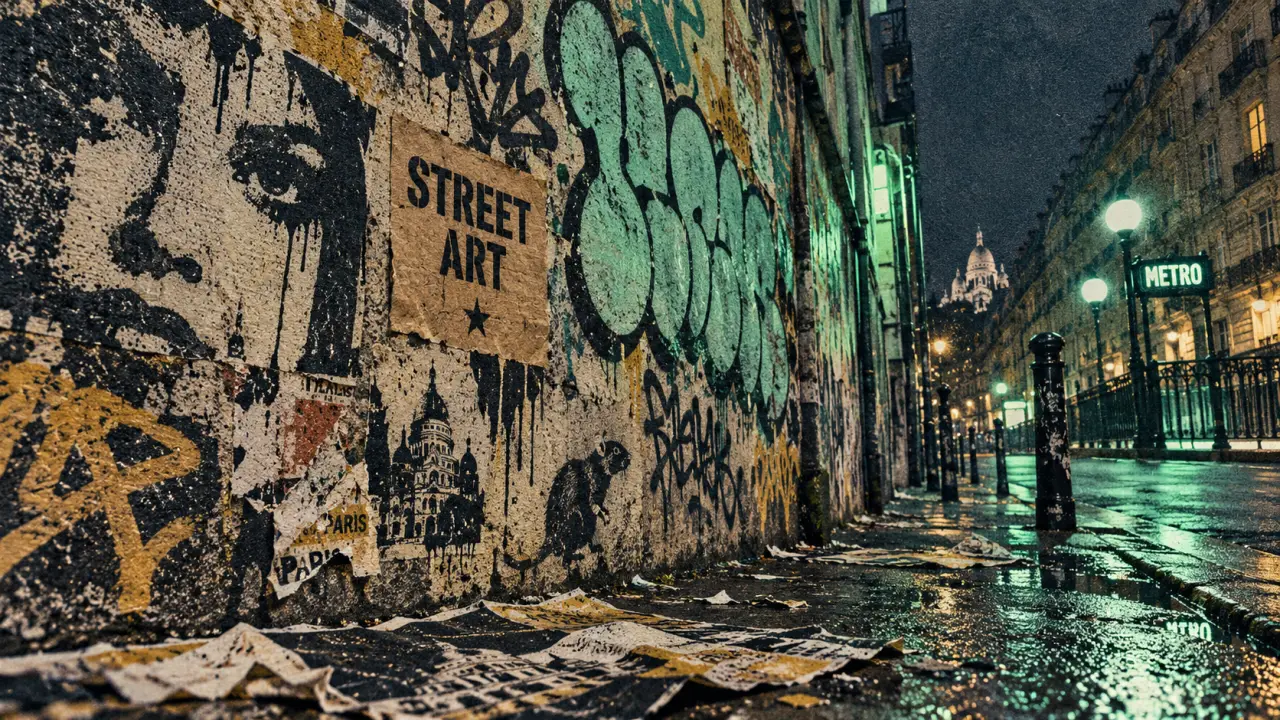 Street art def : mur de tags et pochoirs à Paris, nuit